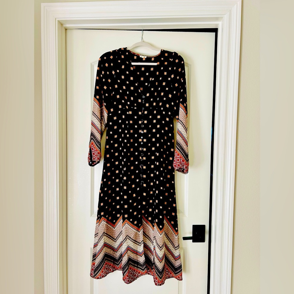 Anthropologie En Creme Dress Womens Small Black Print Hippie Peasant Boh…
